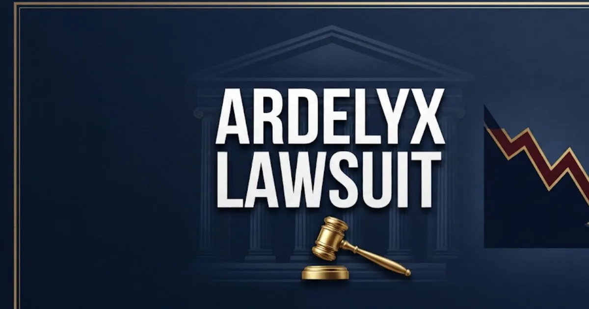 Ardelyx lawsuit 2026 hero banner with courthouse and stock chart silhouette