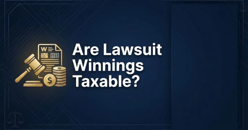 Are lawsuit winnings taxable banner with gavel icon and gold coins on navy background