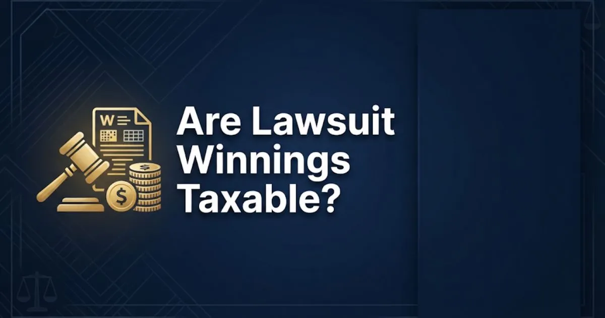 Are lawsuit winnings taxable banner with gavel icon and gold coins on navy background