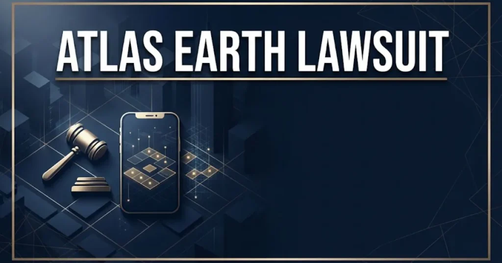 Atlas Earth lawsuit hero banner with gavel icon, digital map grid, and bold white headline text on navy background