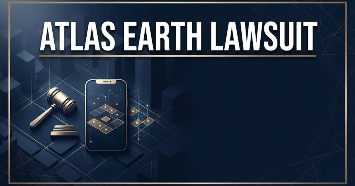 Atlas Earth lawsuit hero banner with gavel icon, digital map grid, and bold white headline text on navy background