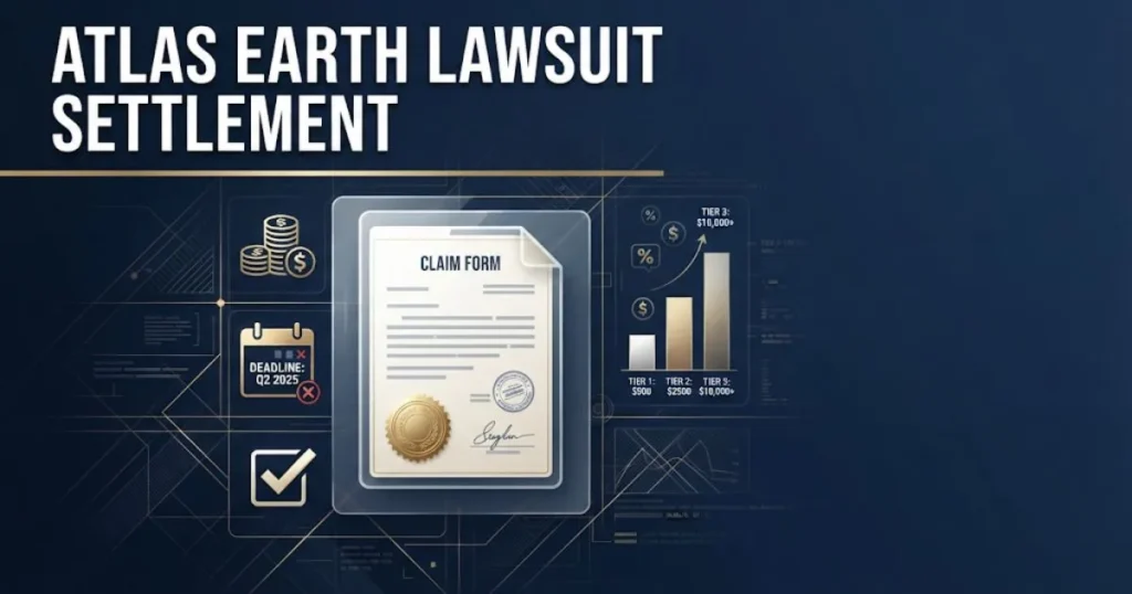 Atlas Earth lawsuit settlement graphic with claim form icon, payout chart, and deadline symbols on navy background
