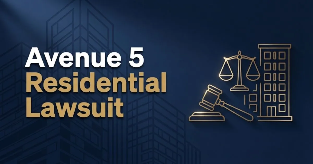 Avenue 5 Residential Lawsuit hero banner with navy background, gold legal icons, and bold white headline text