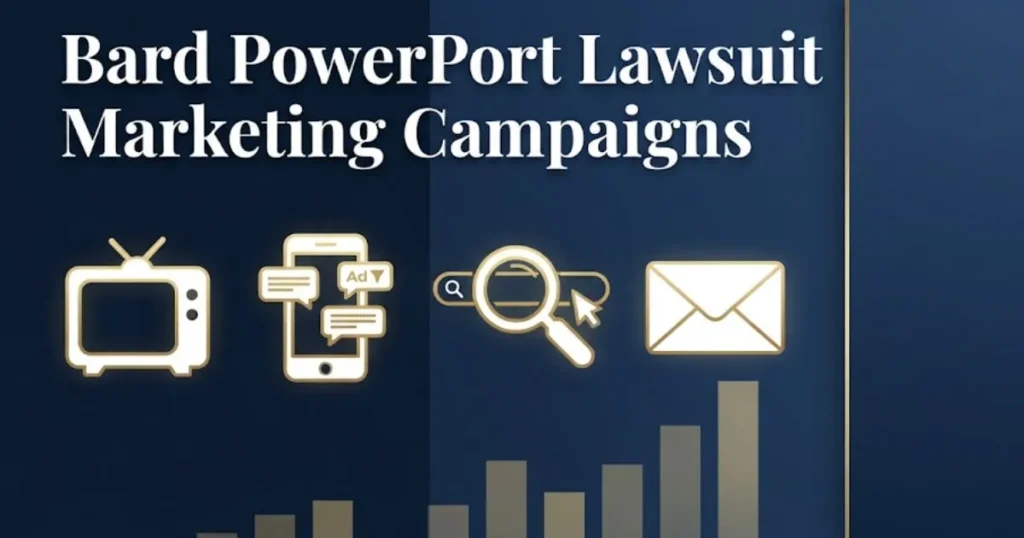 Bard PowerPort lawsuit marketing campaigns infographic with advertising channel icons