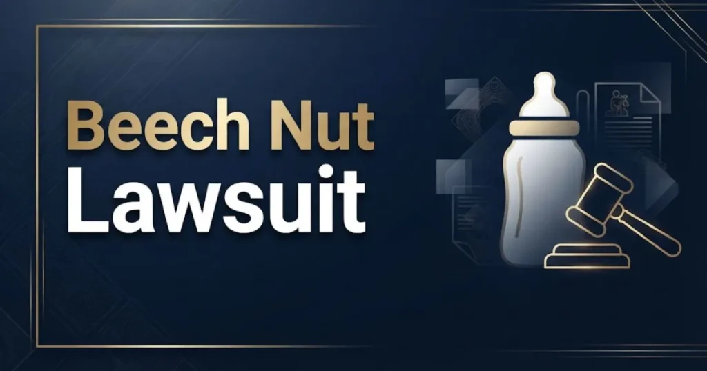 Beech Nut Lawsuit hero banner with baby bottle and gavel icons on navy background