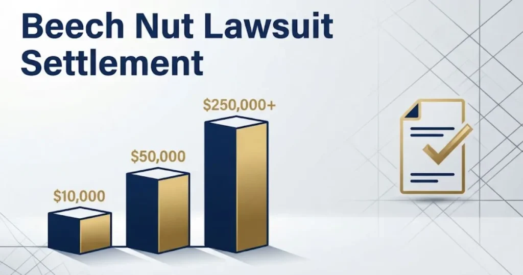 Beech Nut Lawsuit settlement tiers graphic with chart and document icon on white background
