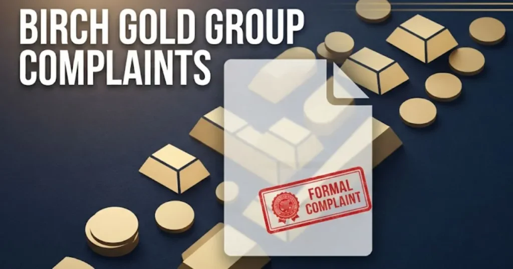 Birch gold group complaints graphic with gold bars and legal document on navy