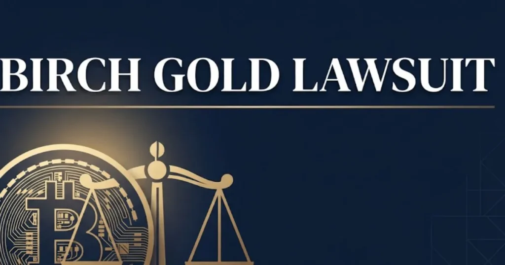 Birch gold lawsuit 2026 banner with gold coin and legal scales on navy background