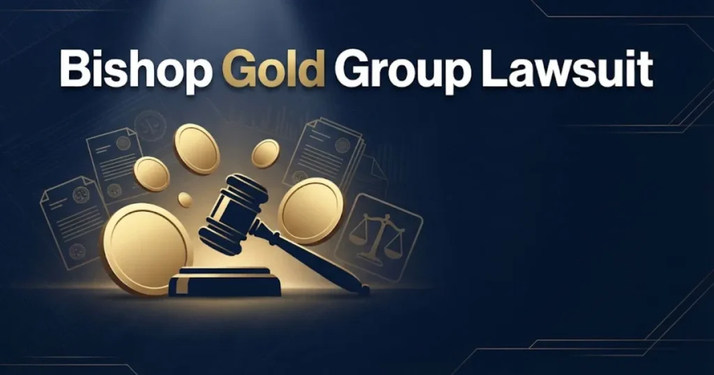 Bishop Gold Group Lawsuit hero banner with gold coins and gavel on navy background