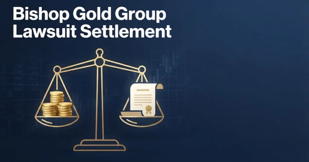 Bishop Gold Group Lawsuit settlement graphic with balance scale and gold coins on navy