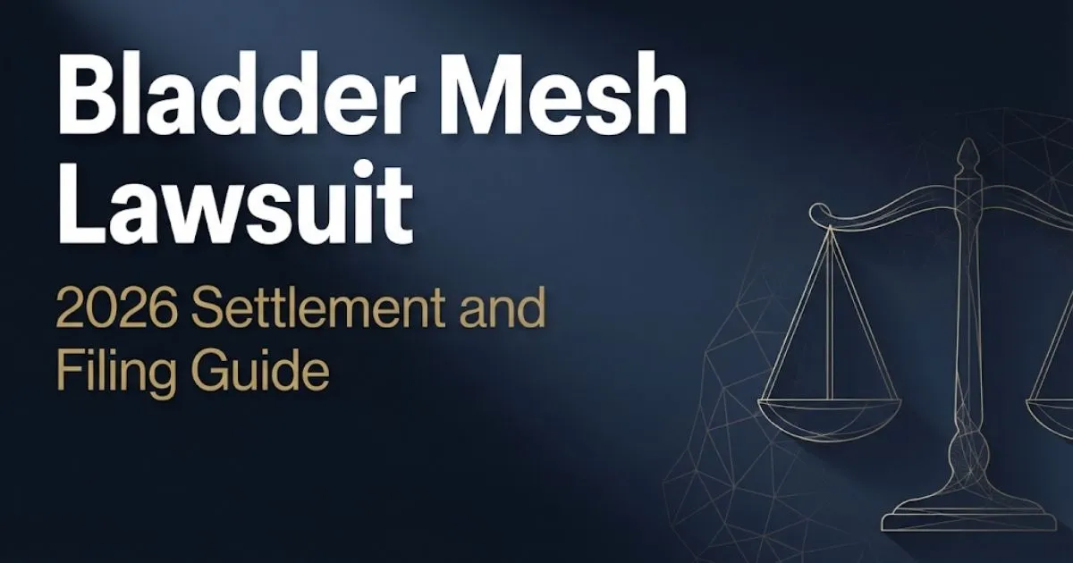 Bladder mesh lawsuit hero banner with legal scales and mesh pattern on navy background