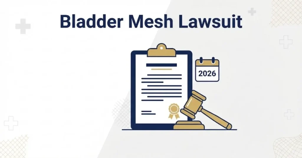 Bladder mesh lawsuit supporting graphic with legal document and 2026 calendar on white background