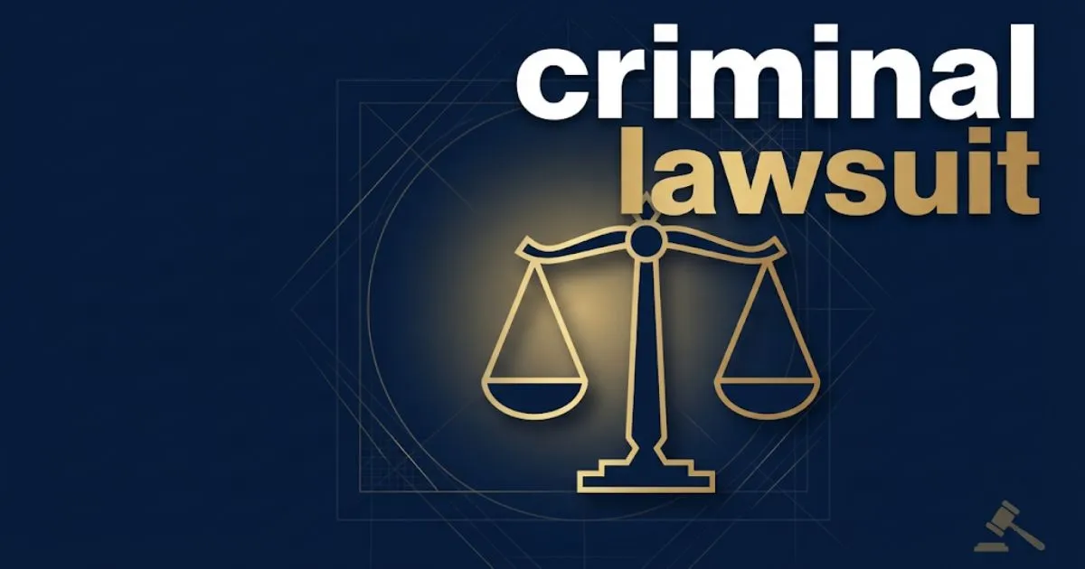Bold criminal lawsuit headline over navy blue scales of justice graphic with gold accents