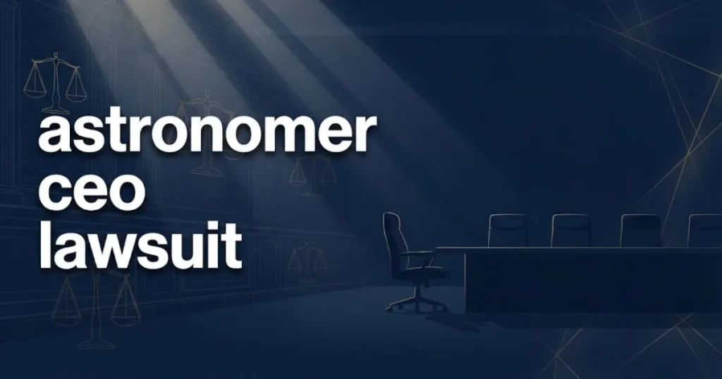 Bold headline reading astronomer ceo lawsuit over a navy and gold abstract courtroom scene with scales of justice silhouettes