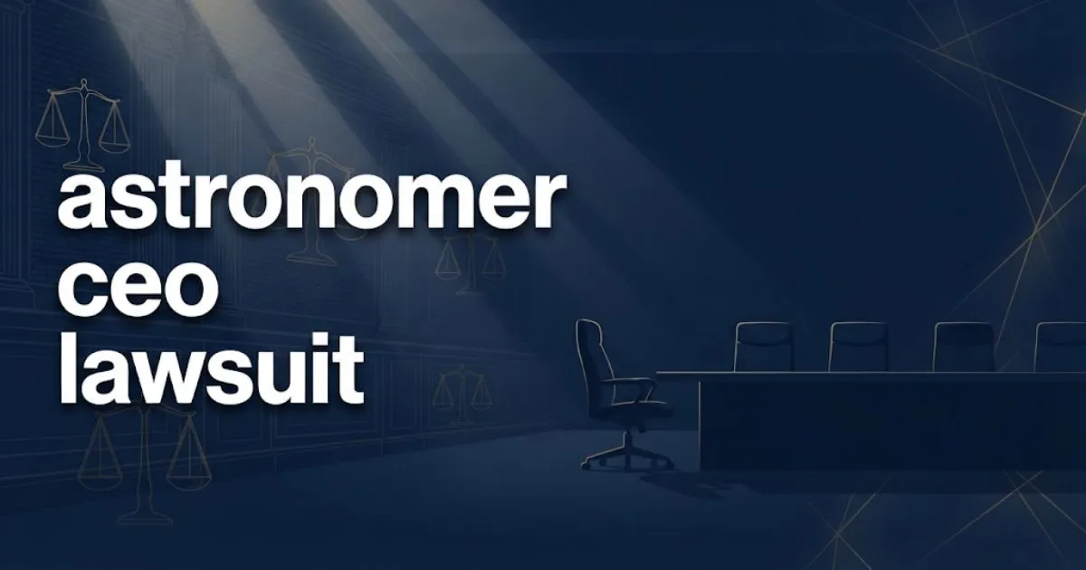 Bold headline reading astronomer ceo lawsuit over a navy and gold abstract courtroom scene with scales of justice silhouettes