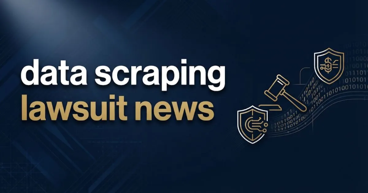 Bold headline reading data scraping lawsuit news over navy blue background with gold legal icons and digital code patterns