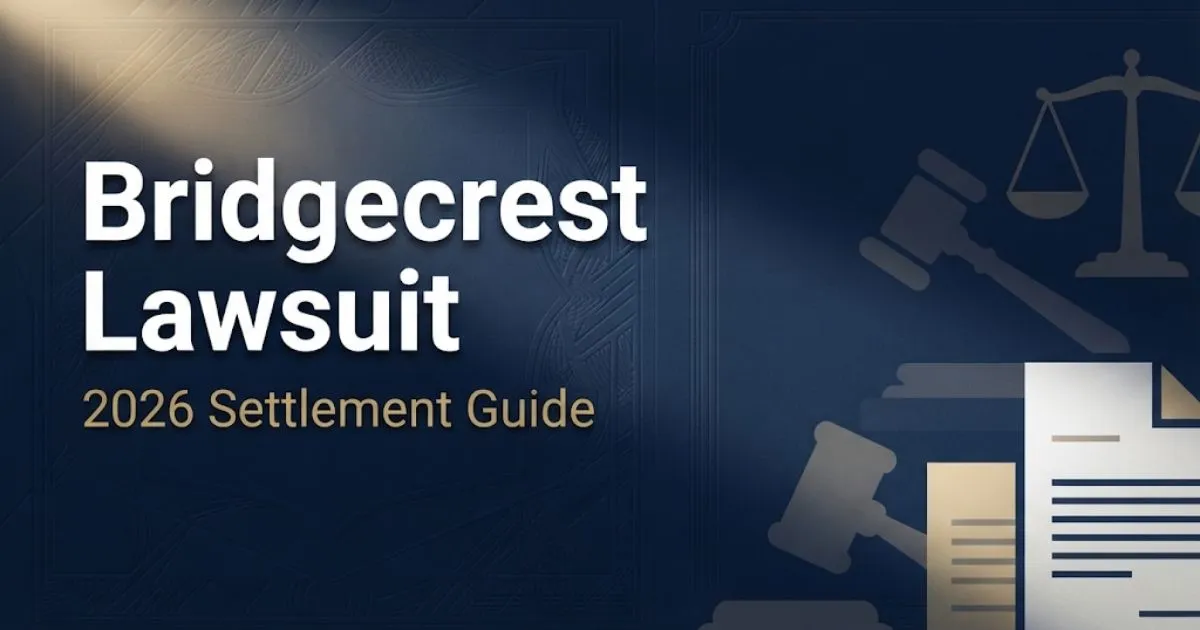 Bridgecrest lawsuit 2026 hero banner with gavel and legal scale icons on navy background