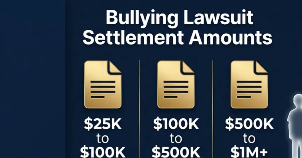 Bullying lawsuit settlement amounts infographic showing payout ranges for 2026
