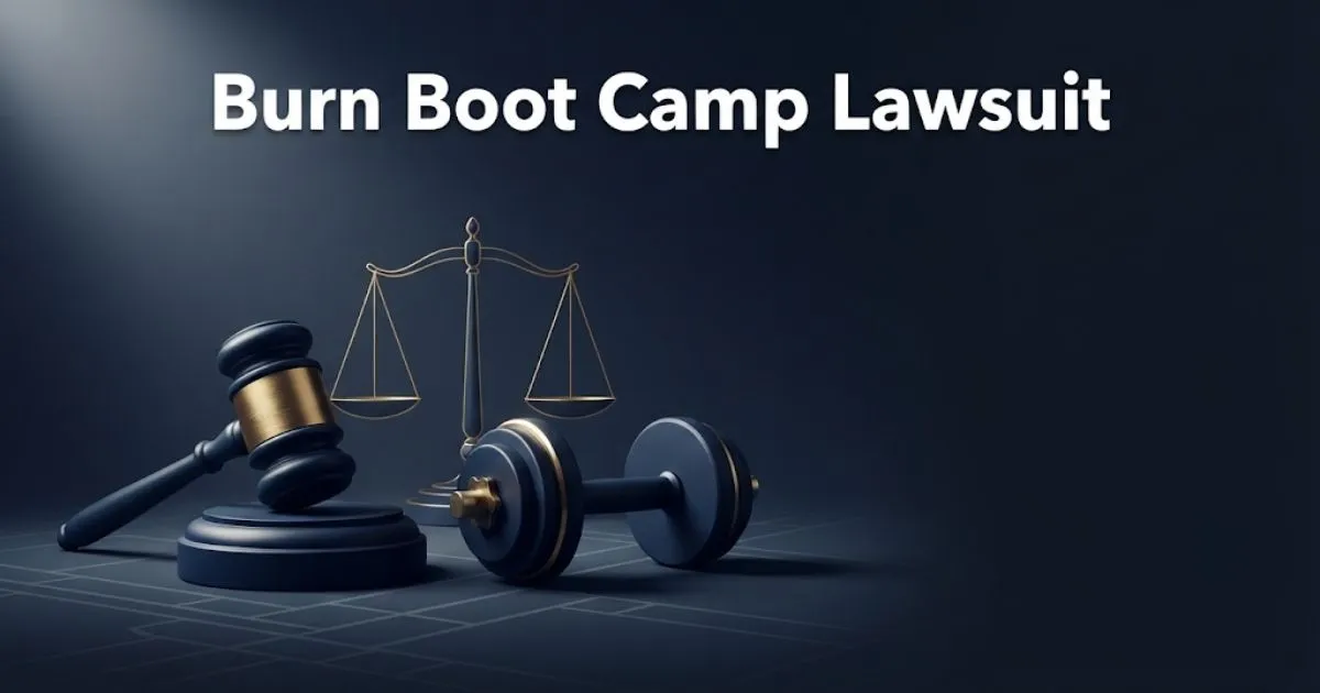 Burn boot camp lawsuit hero banner with legal symbols and fitness icons on navy background