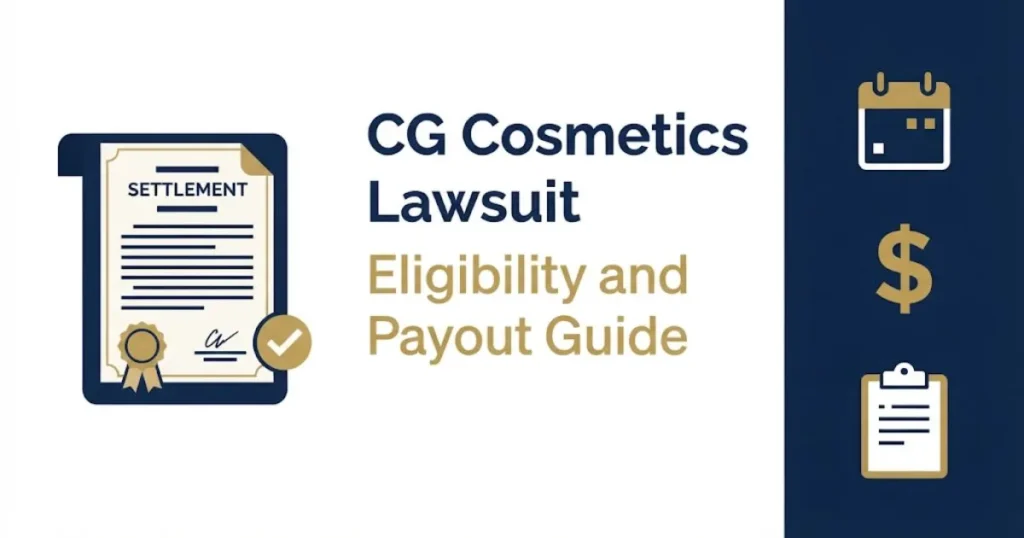 CG CosmeticCG Cosmetics Lawsuit eligibility and payout guide graphic with settlement document icons