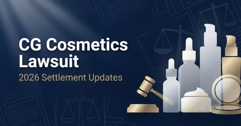 CG Cosmetics Lawsuit hero banner with navy and gold legal theme and cosmetic bottle silhouettes