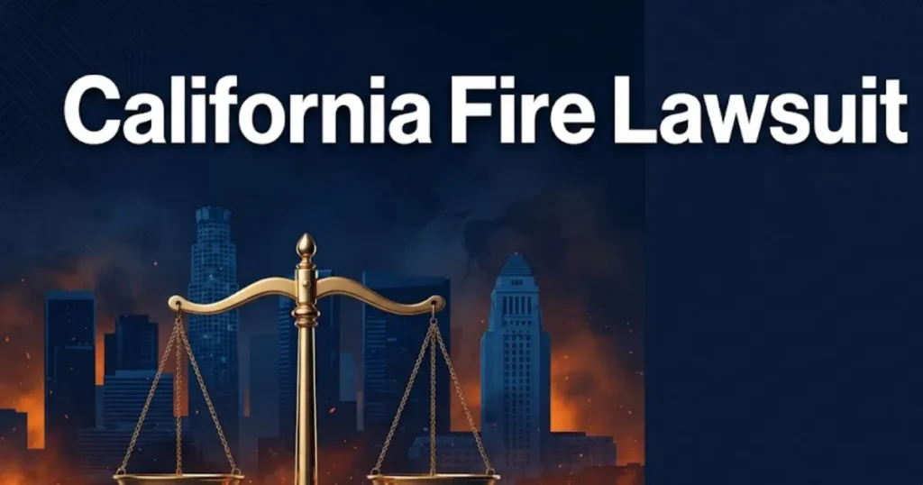 California fire lawsuit 2026 hero banner with scales of justice and Los Angeles skyline silhouette