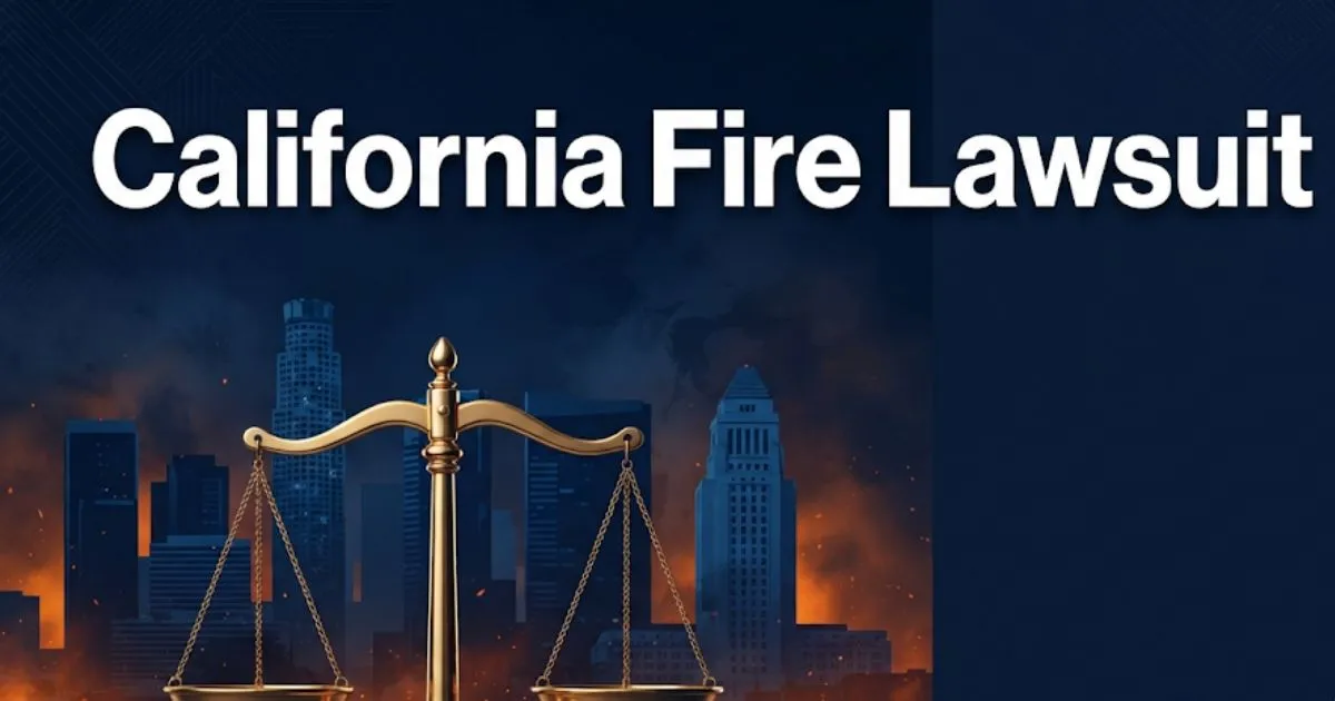 California fire lawsuit 2026 hero banner with scales of justice and Los Angeles skyline silhouette