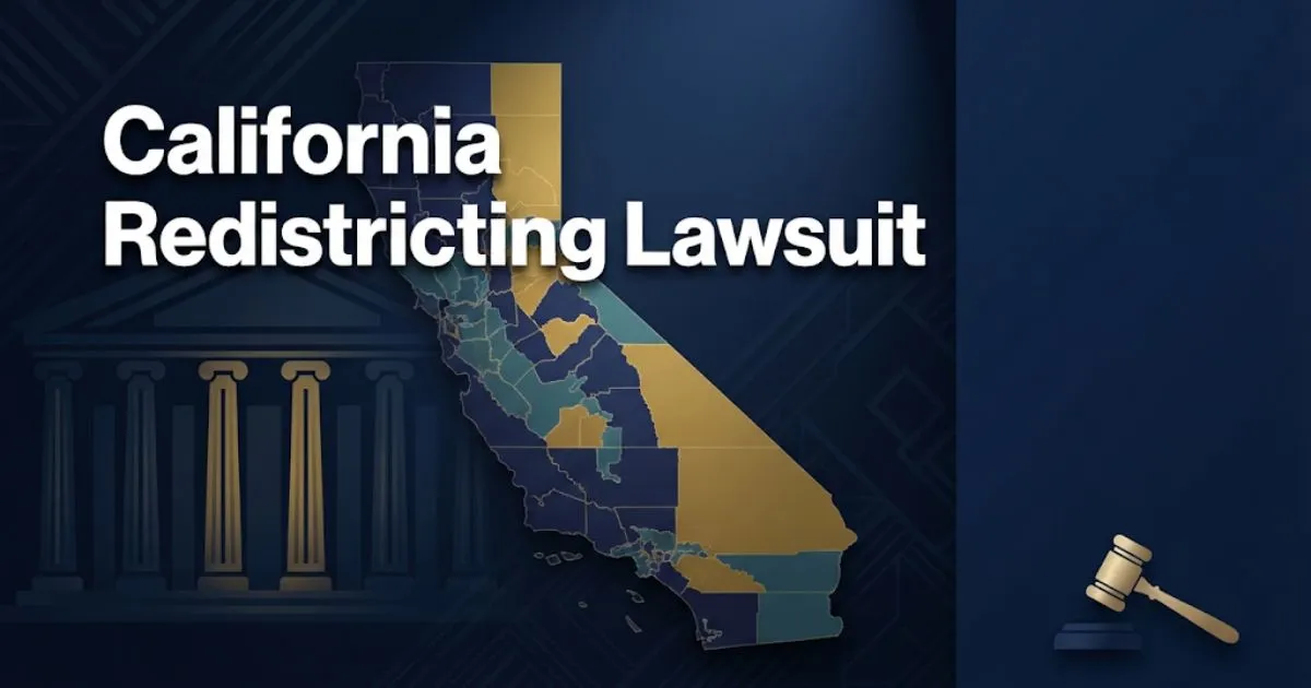 California redistricting lawsuit hero banner with state map and courthouse silhouette