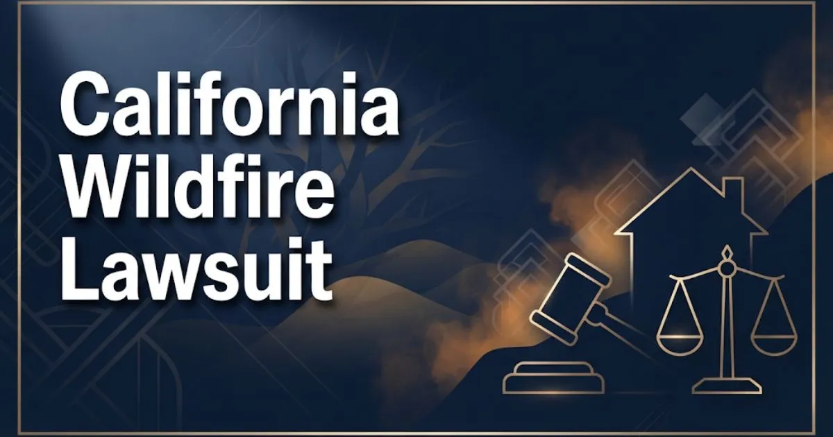 California wildfire lawsuit hero banner with legal symbols and navy gold design