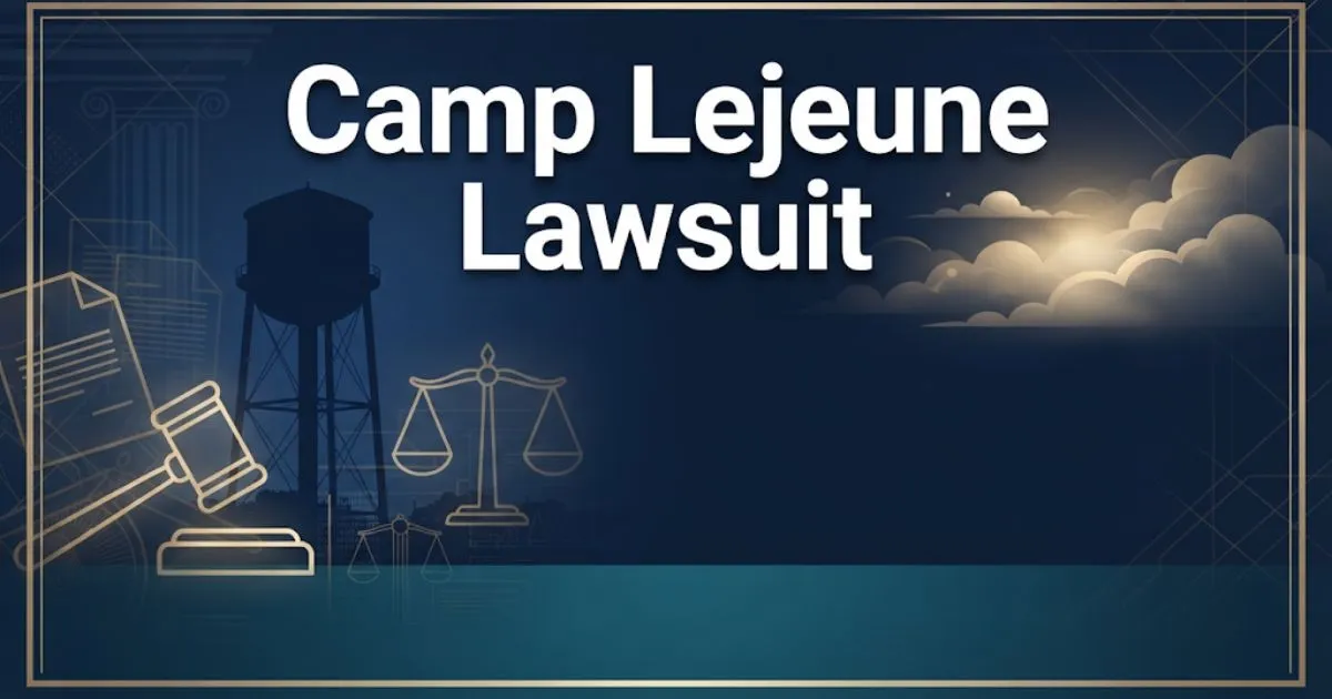 Camp Lejeune lawsuit hero banner with military water tower silhouette and legal symbols on navy background