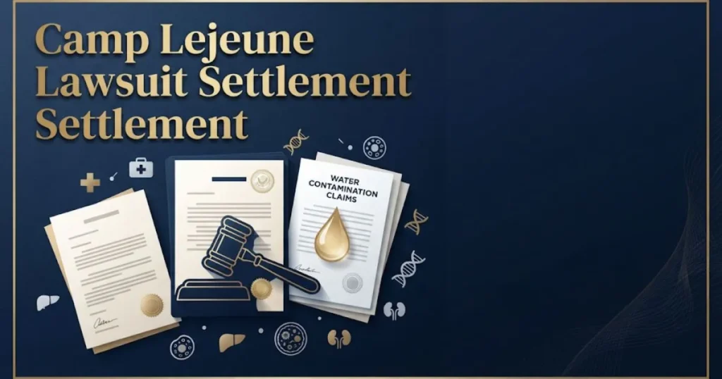 Camp Lejeune lawsuit settlement graphic with legal documents gavel and water droplet on navy background