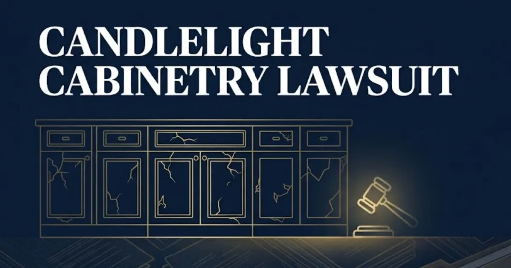 Candlelight cabinetry lawsuit hero banner showing defective cabinet silhouette with legal gavel icon