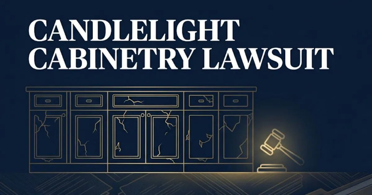 Candlelight cabinetry lawsuit hero banner showing defective cabinet silhouette with legal gavel icon