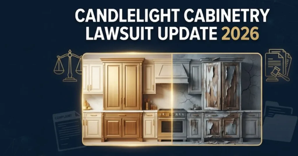 Candlelight cabinetry lawsuit update 2026 graphic comparing new vs defective cabinet conditions
