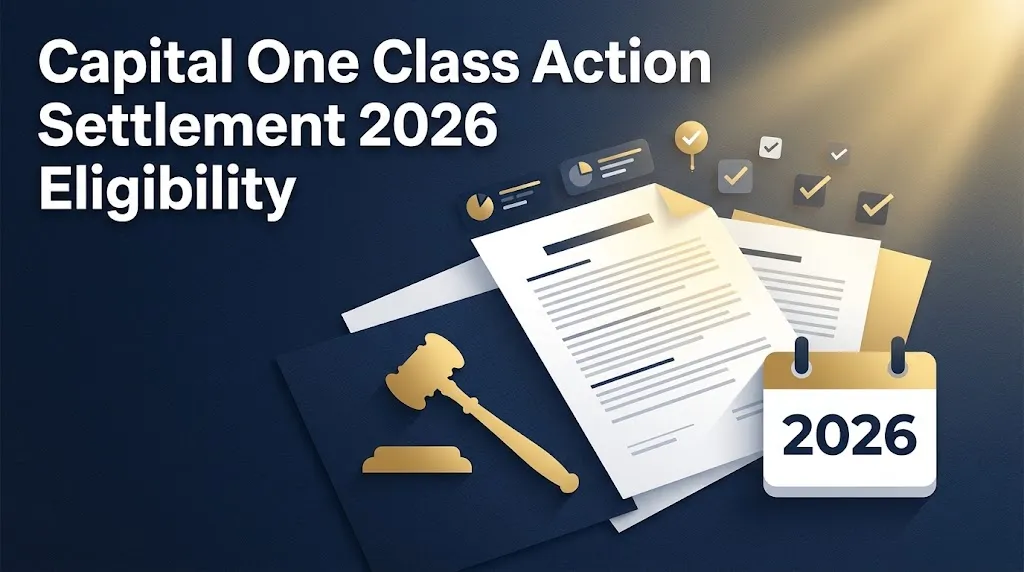 Capital One class action settlement 2026 eligibility graphic with legal documents and calendar on navy background