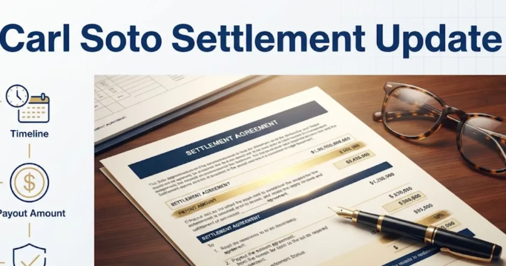 Carl Soto lawsuit settlement update graphic with legal documents and timeline icons