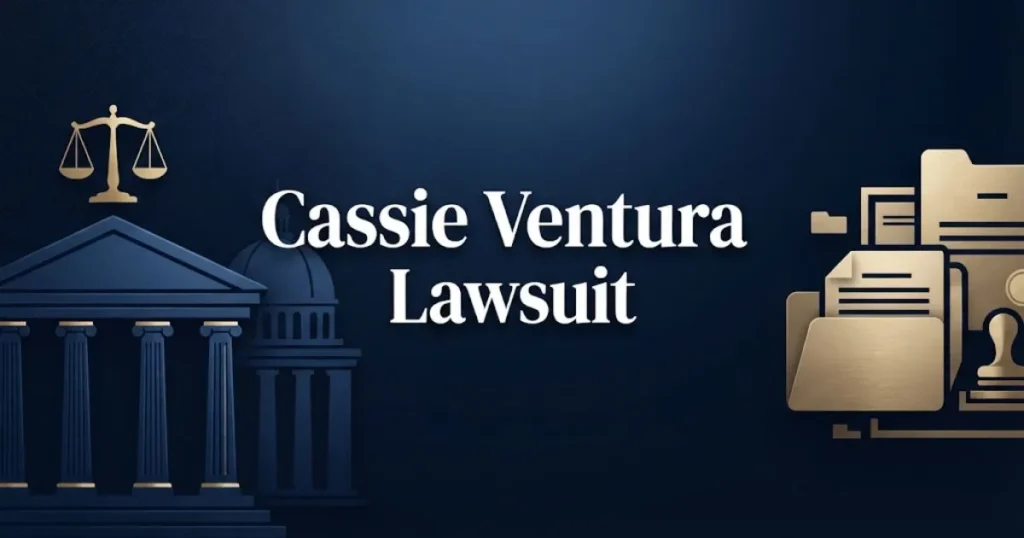 Cassie Ventura lawsuit hero banner with courthouse silhouette and legal icons on navy background