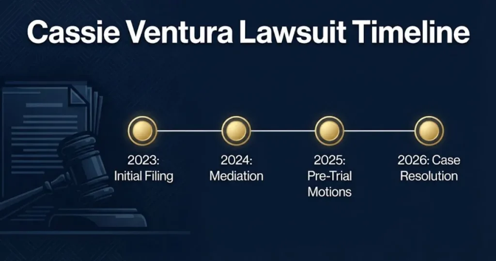 Cassie Ventura lawsuit timeline graphic showing key dates from 2023 to 2026