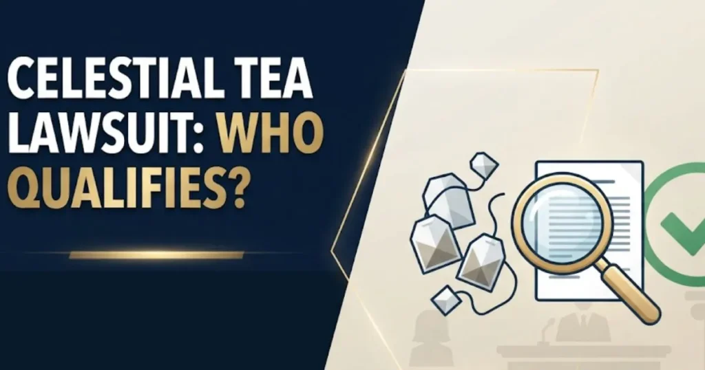 Celestial tea lawsuit eligibility graphic with tea bags and legal document icons