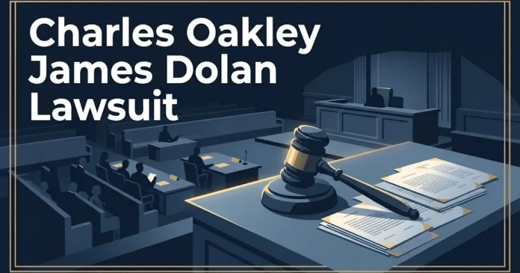 Charles Oakley James Dolan Lawsuit courtroom graphic with gavel and documents in navy blue and gold tones