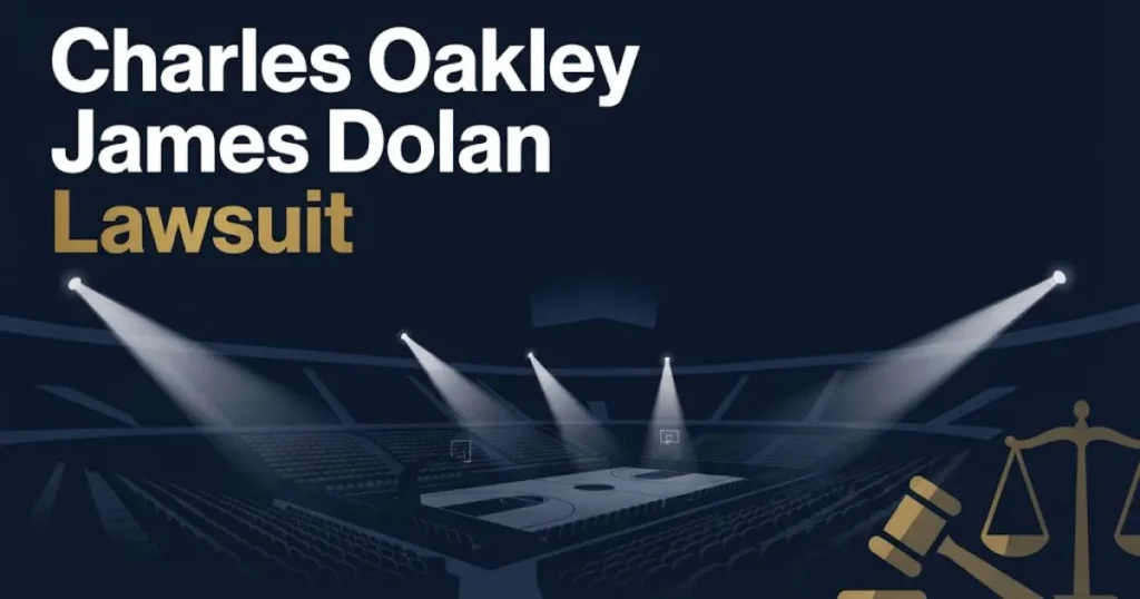 Charles Oakley James Dolan Lawsuit hero banner with arena silhouette and legal symbols in navy and gold