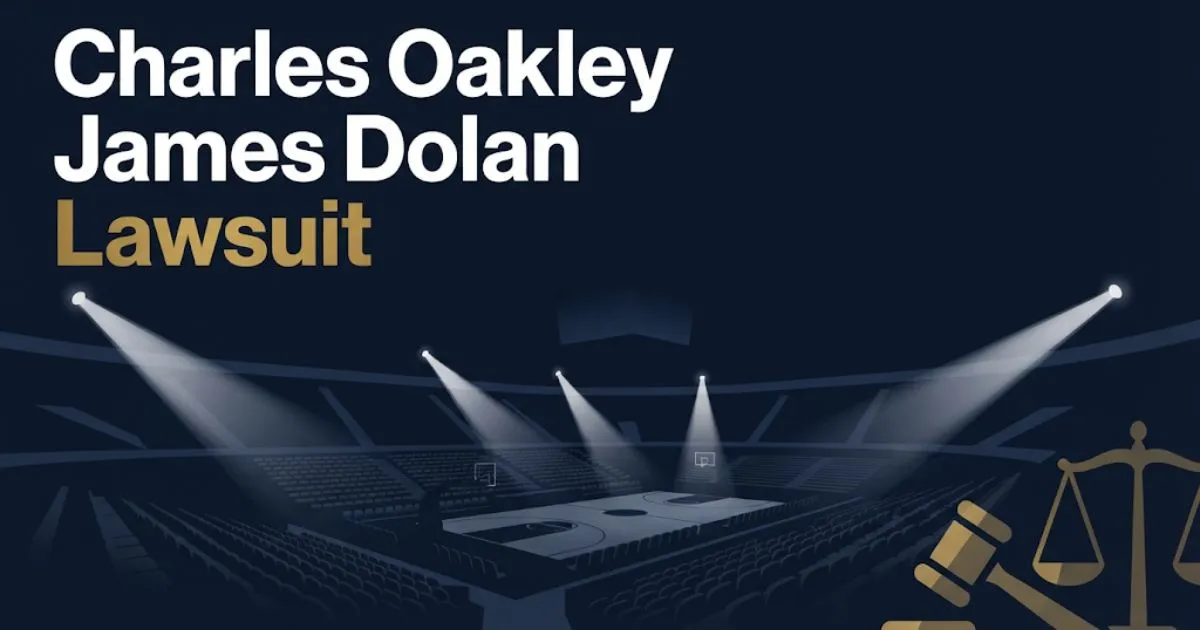 Charles Oakley James Dolan Lawsuit hero banner with arena silhouette and legal symbols in navy and gold