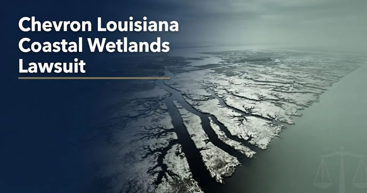 Chevron Louisiana coastal wetlands lawsuit hero banner showing eroded coastline with legal theme overlay
