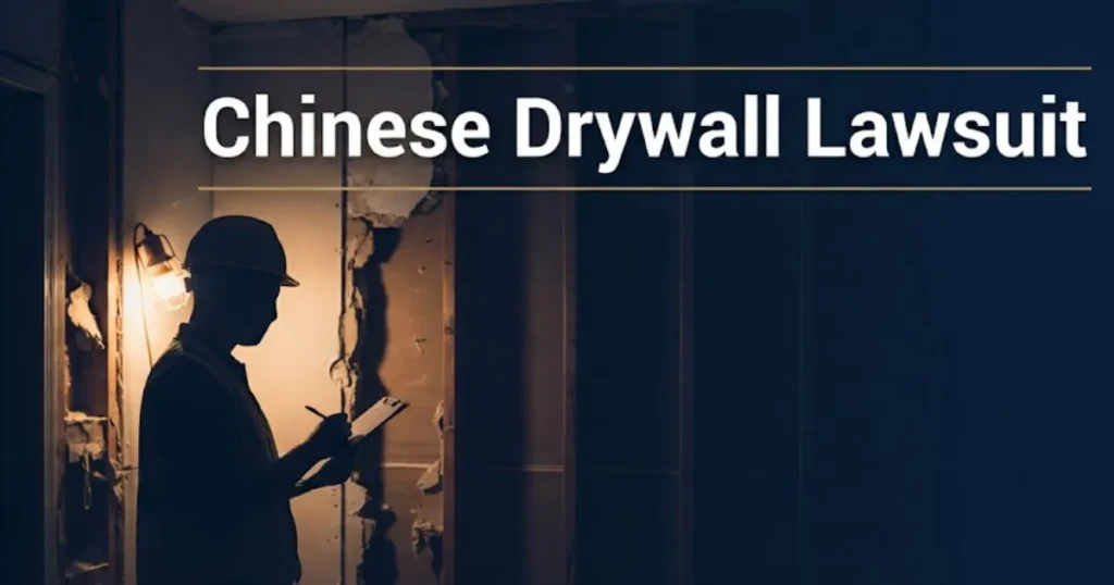 Chinese drywall lawsuit banner showing home remediation inspection scene with legal theme