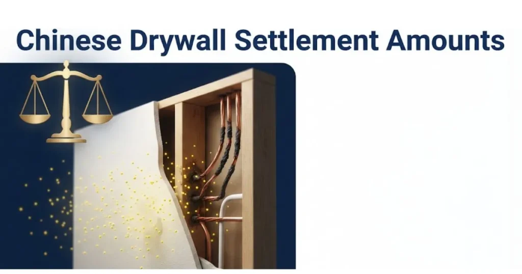 Chinese drywall settlement amounts infographic showing wall corrosion and legal symbols