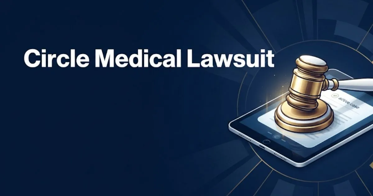 Circle medical lawsuit 2026 hero banner with gavel on tablet and bold headline text
