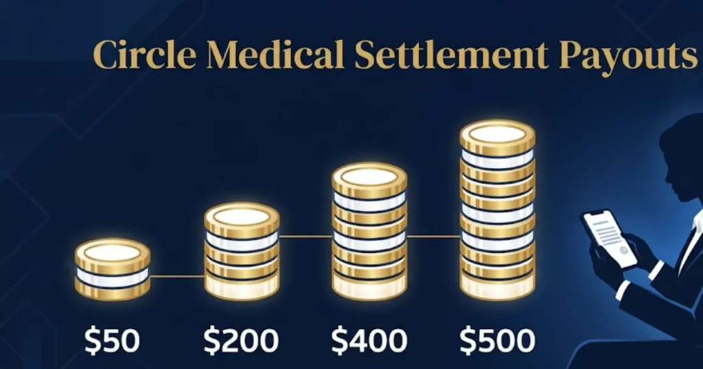 Circle medical lawsuit settlement payout tiers infographic with dollar ranges and legal theme