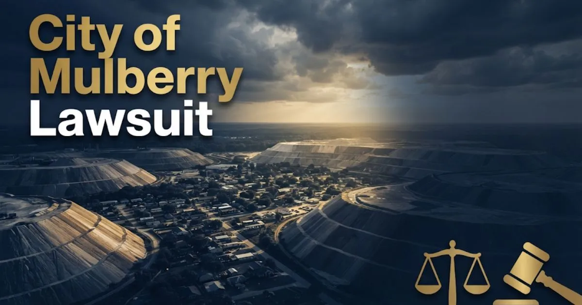 City of Mulberry Lawsuit hero banner showing stylized Florida town near phosphate mining stacks with legal symbols