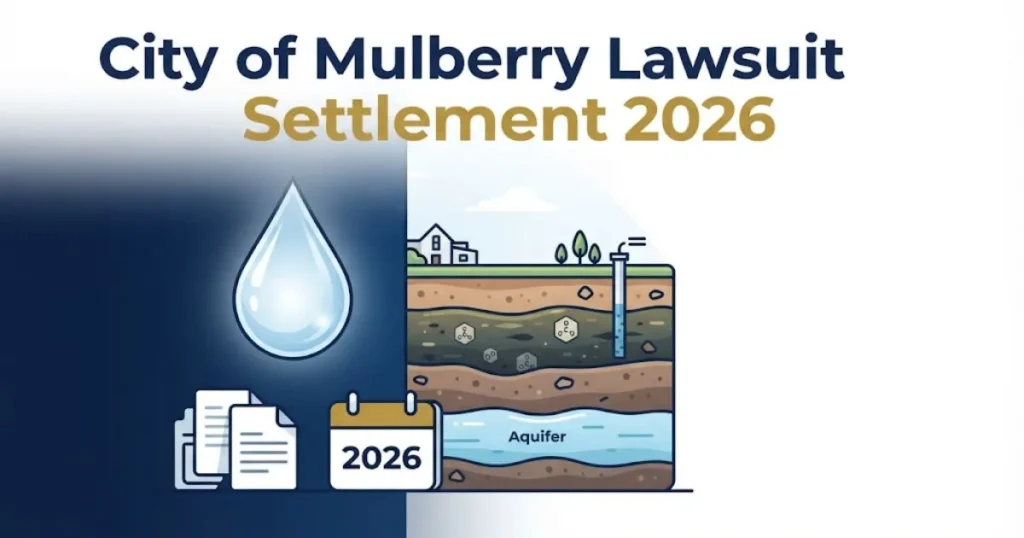 City of Mulberry Lawsuit settlement graphic showing water contamination comparison and 2026 deadline details
