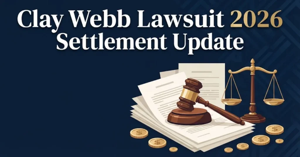 Clay Webb lawsuit 2026 settlement update graphic with gavel, scales, and payout symbols